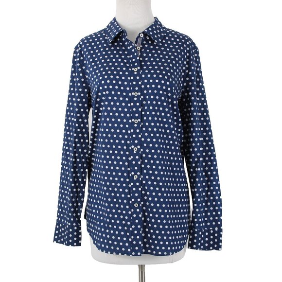 Talbots $70 Sz L Navy Blue White Polka Dots Button Collared 100% Cotton Top - Picture 1 of 14